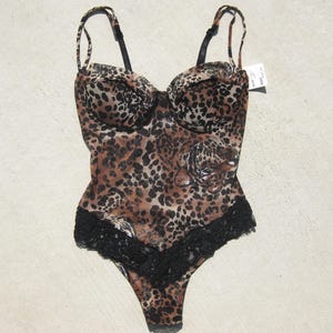 Vintage Frederick’s of Hollywood 90s NOS Nylon Stretch Sheer Leopard Underwire Body Suit Teddy Thong Lingerie size Medium New with Tags