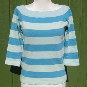 Vintage New with Tags Clements Ribeiro Blue Striped Cashmere Sweater Knit 3/4 Sleeve Boat Neck Pullover Medium