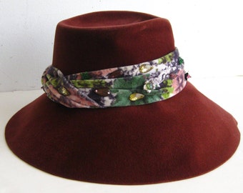 Vintage 60s Burgandy French Velour Jeweled Fedora Ladies Spy Hat