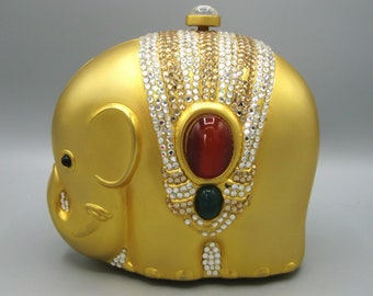 Vintage 80s Gold Crystal Elephant Minaudiere Purse Evening Handbag Clutch