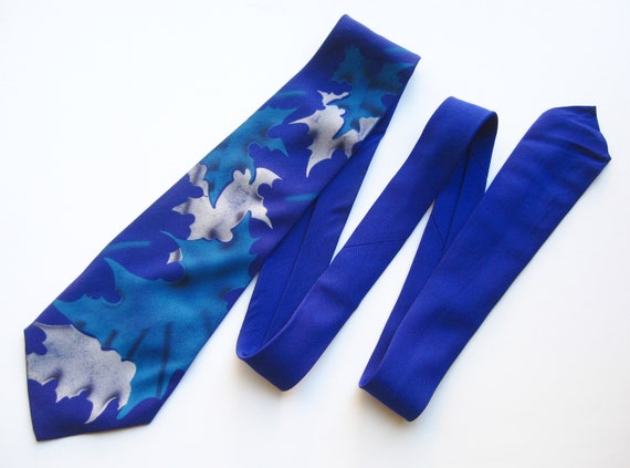 Vintage 40s Hand Painted Leaves Blue Rayon Men's … - image 3