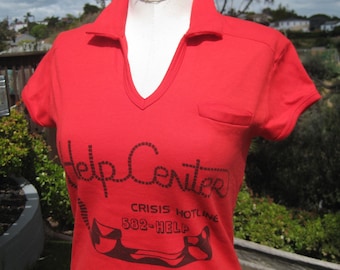Vintage 80s California State University Monterey Bay Crisis Call Center Help Line Hotline Red V-Neck T-Shirt Tee T Shirt Top