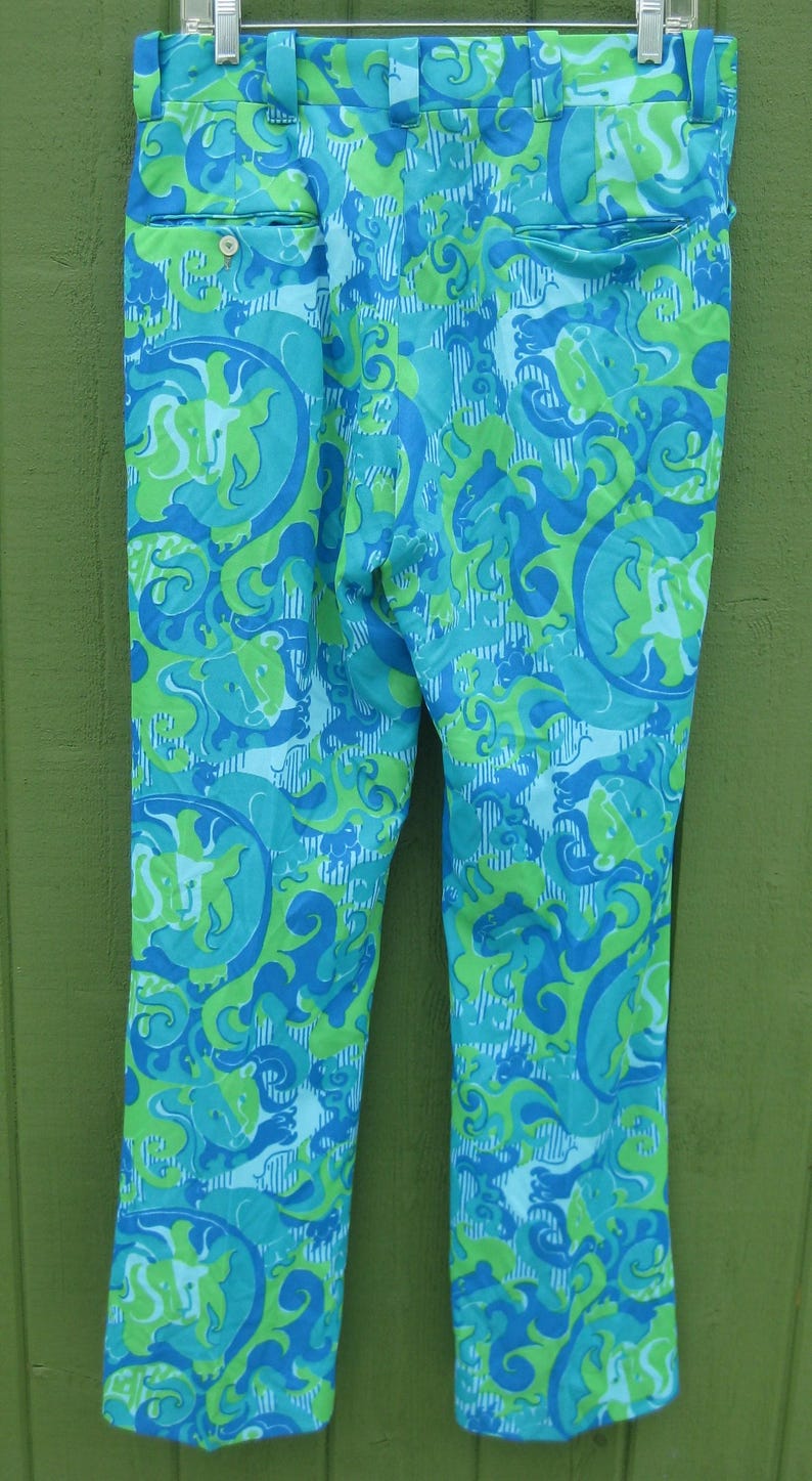 May include: A pair of patterned pants in shades of blue and green, with a repeating abstract design. The pants are hanging on a metal hanger against a green background. The pants have a button and zipper closure.