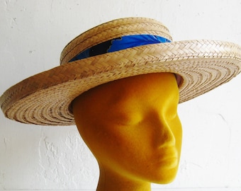 Sun Hat Vintage 50s Woven Wicker Hawaiian Wide Brim Beach Sun Hat