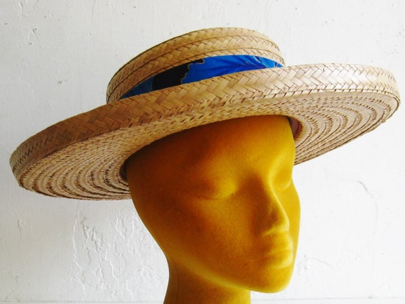Sun Hat Vintage 50s Woven Wicker Hawaiian Wide Brim Beach Sun Hat