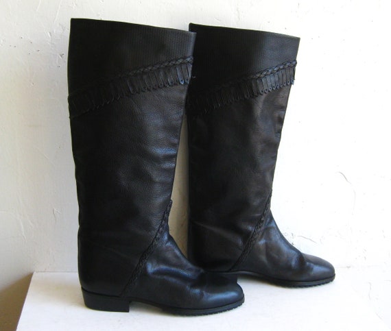 Vintage Bartoli Italian Black Leather Flat Heel Tall Fringe | Etsy