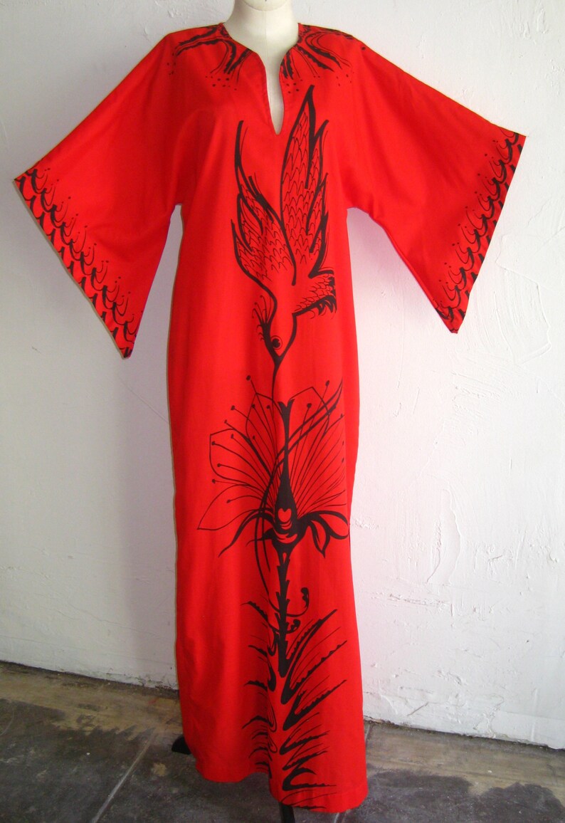 Vintage Red Cotton Pake Muu Style Hummingbird Print Tiki Caftan Dress