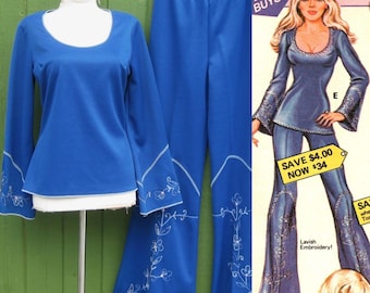 Vintage 70s Fredericks of Hollywood Blue Embroidered 2pc Flared Pants & Blouse Set