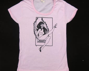 Vintage 70s Fun-Tees Pink Nudie Cutie Swinger Women's Scoop Neck Tshirt T-Shirt
