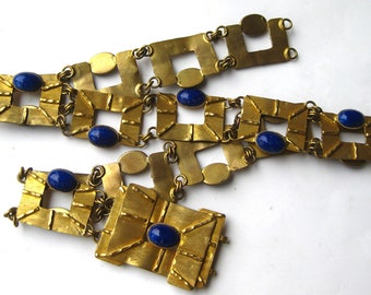 Vintage Silvana Italian Gold Metal Panel Link Glass Jeweled Chain Belt Made in Italy