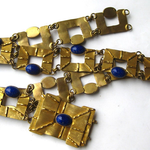 Vintage Silvana Italian Gold Metal Panel Link Glass Jeweled Chain Belt Made in Italy