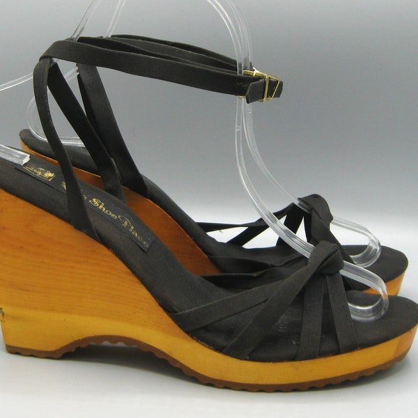 Vintage 70s 80s Black Cotton Wood 4" Platform Wedge Ankle Strap Sandals Shoes 8.5 - 9