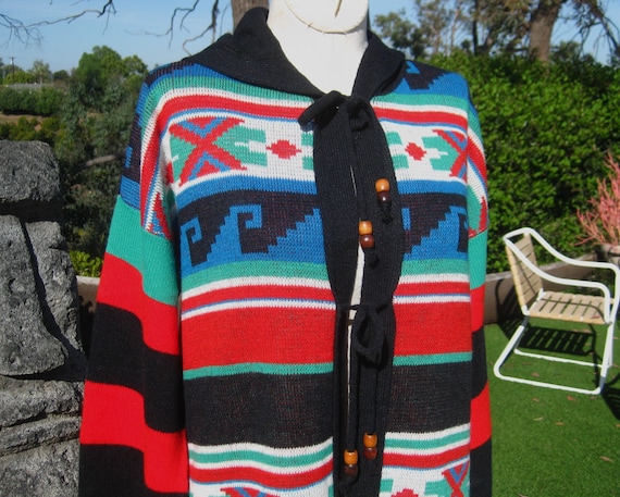 Vintage 70s Acrylic Knit Hooded Long Cardigan Swe… - image 1