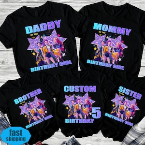 May include: Black t-shirts with colourful graphics and text for a birthday celebration. The shirts feature the words "Daddy", "Mommy", "Brother", "Sister", and "Custom" with a number 5. Each shirt has a star design and the words "Birthday Girl".