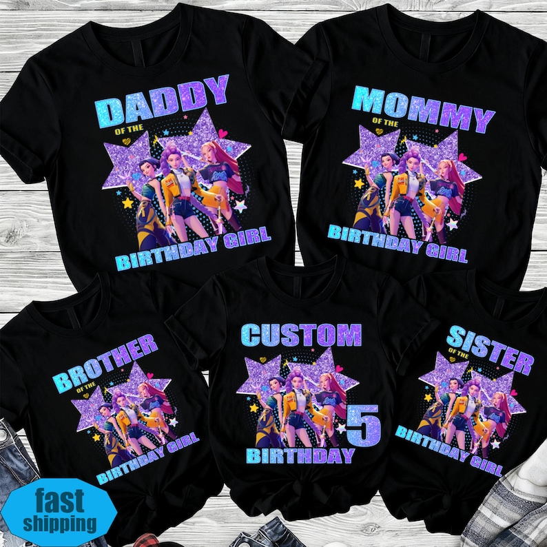 May include: Black t-shirts with colourful graphics and text for a birthday celebration. The shirts feature the words "Daddy", "Mommy", "Brother", "Sister", and "Custom" with a number 5. Each shirt has a star design and the words "Birthday Girl".