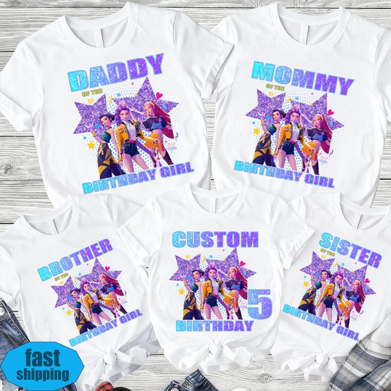 May include: White t-shirts with colourful graphics and text for a birthday celebration. The shirts have text that says "Daddy", "Mommy", "Brother", "Sister", and "Custom 5 Birthday Girl". Each shirt features a star design with a group of cartoon characters.