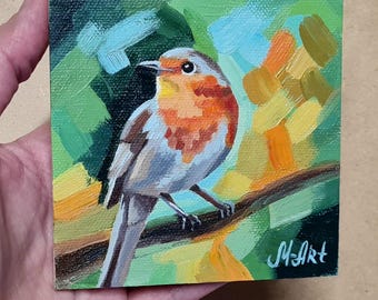 Mini Oil Painting of a Tiny Robin –Original ACEO Bird Art - Miniature