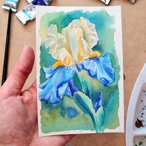 Mini Watercolor Painting of a Delicate Iris – Original 4x6 Inch Floral Art – Hand-Painted Botanical Illustration – Small Gift or Home Décor