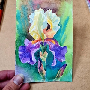 Mini Watercolor Painting of Purple Iris – Original 4x6 Inch Floral Art – Hand-Painted Botanical Illustration – Small Gift or Home Decor