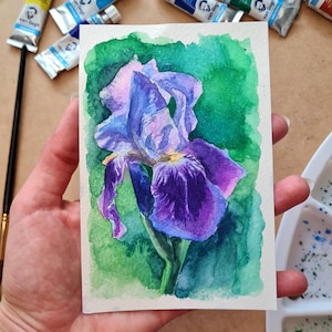 Mini Watercolor Painting of Purple Iris – Original 4x6 Inch Floral Art – Hand-Painted Botanical Illustration – Small Gift or Home Decor