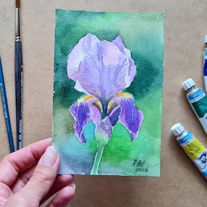 Mini Watercolor Painting of Purple Iris – Original 4x6 Inch Floral Art – Hand-Painted Botanical Illustration – Small Gift or Home Decor