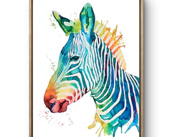 May include: A watercolor painting of a zebra with a rainbow colored pattern. The zebra's head is turned to the side, and its mane is flowing in the wind. The background is white with splashes of color.