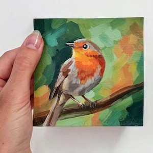 Mini dipinto a olio di un piccolo pettirosso - Arte originale ACEO Bird - Miniatura Cutecore per gli amanti degli uccelli - Carta collezionabile dell'artista