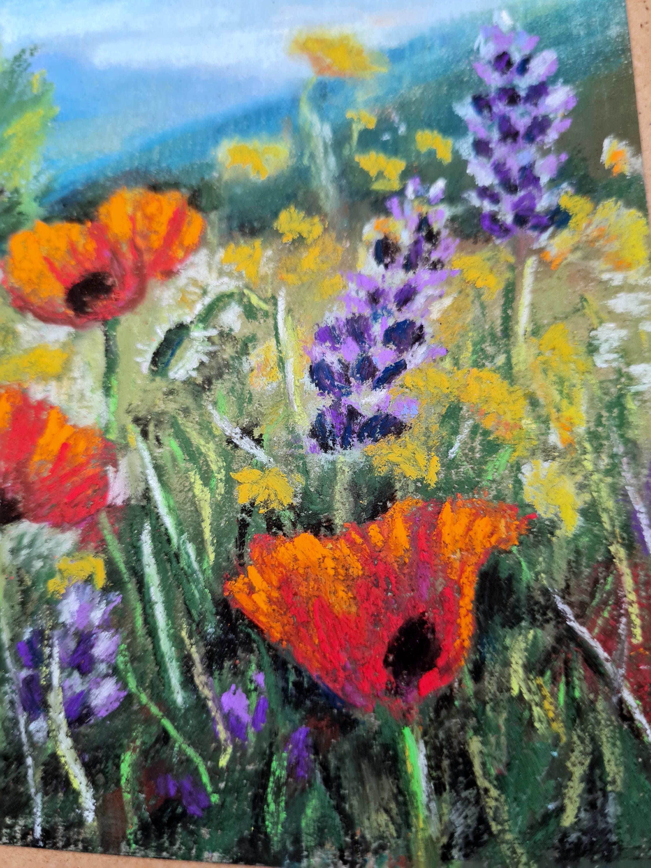 ミニソフトパステル画 - 野生の花 - オリジナルの4x6インチの花の