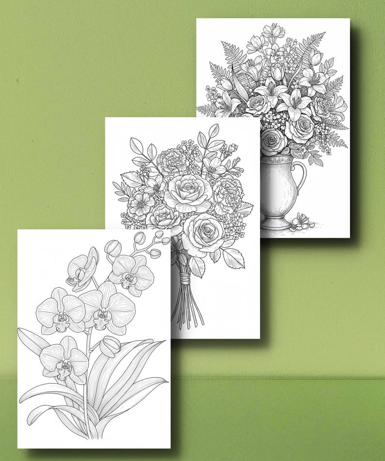 May include: Three black and white floral coloring pages. One features orchids, another a bouquet of roses, and the third a bouquet of various flowers in a vase. The pages are on a green background.