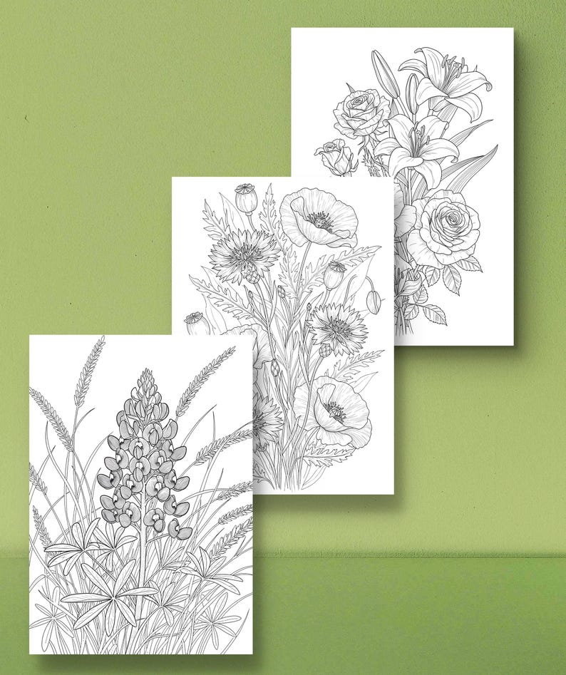 May include: Three black and white floral coloring pages featuring detailed line drawings of various flowers. The pages include images of roses, lilies, poppies, and other wildflowers, perfect for creative coloring projects.