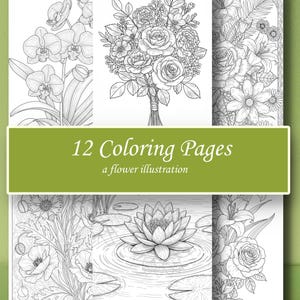 May include: A collection of 12 coloring pages featuring detailed black and white flower illustrations. The images include orchids, roses, lilies, and a water lily, with the text "12 Coloring Pages a flower illustration" on a green banner.