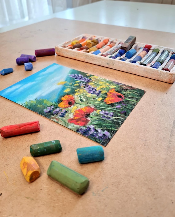 ミニソフトパステル画 - 野生の花 - オリジナルの4x6インチの花の