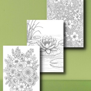 May include: Three grayscale coloring book pages featuring floral designs. One page showcases a bouquet of roses and daisies. Another depicts a water lily with lily pads. The third page displays a variety of flowers.