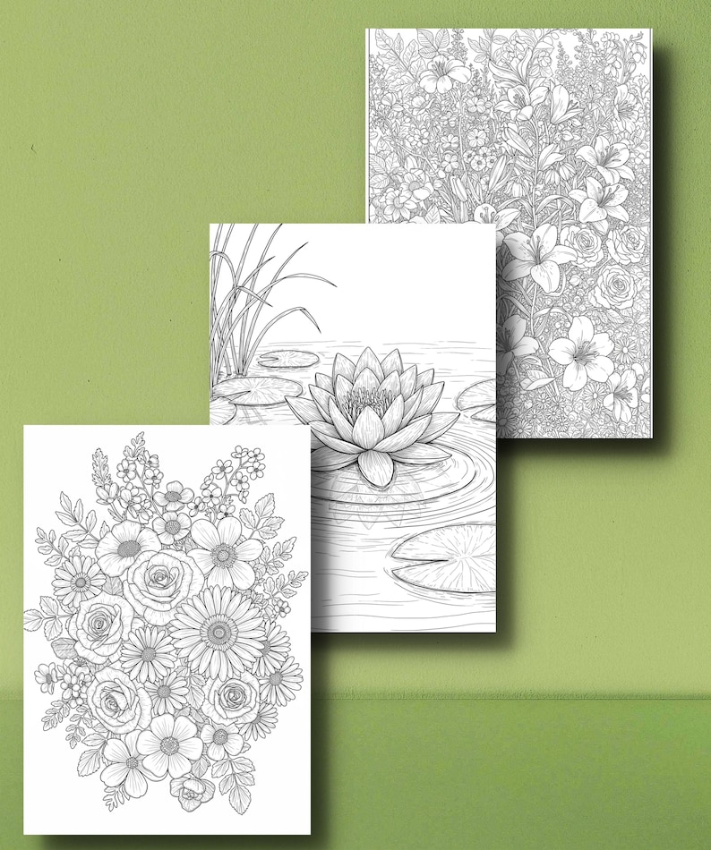 May include: Three grayscale coloring book pages featuring floral designs. One page showcases a bouquet of roses and daisies. Another depicts a water lily with lily pads. The third page displays a variety of flowers.