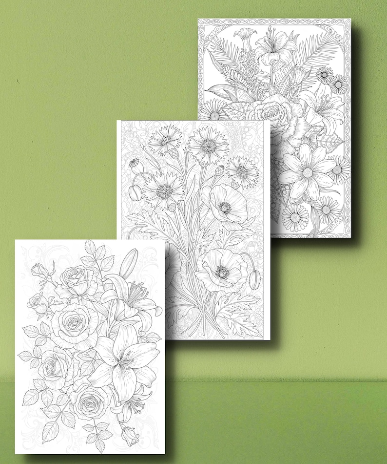 May include: Three floral coloring book pages with detailed line art of various flowers, including roses, lilies, daisies, and poppies. The pages are arranged on a green background, showcasing the intricate designs ready for coloring.