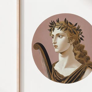 May include: A painting of a woman with a laurel wreath on her head, holding a lyre. She is wearing a brown and gold robe and has long, flowing hair. The background is a soft pink.