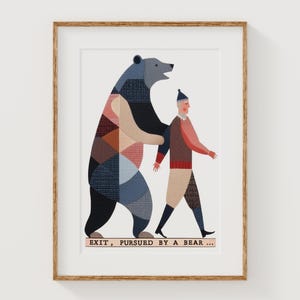 May include: A framed illustration of a person in a red and brown sweater walking away from a large, patchwork bear. The text below the image reads "EXIT, PURSUED BY A BEAR..."