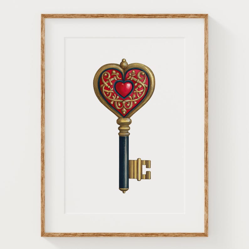 Heart Key Art Print: Vintage Etching Style Illustration (digital ...