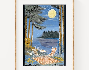 Moonlit Lake Camping | Retro Storybook Printable Wall Art (Digital Download)