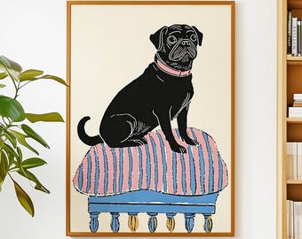 May include: A black pug dog with a pink collar sits on a blue and pink striped cushion with gold legs. The cushion is on a white background.