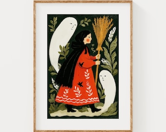Halloween Folk Art Print | Witchy Ghost Wall Art | Digital Download