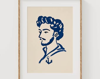 May include: A blue line drawing of a person with a beard and a braided hairstyle. The person is wearing a shirt with an anchor design. The drawing is on a cream background.