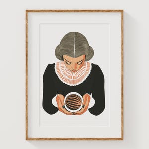 Impressão de bola de cristal de mulher mística – arte de parede digital minimalista vintage, pôster de bruxaria boho para impressão, ilustração de cartomante