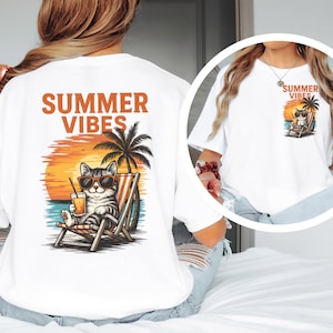 Summer Vibes Cat T-Shirt | Cute Beach Cat Tee | Funny Vacation Shirt | Chill Cat Graphic Tee | Unisex Retro Summer Shirt