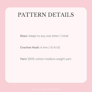 Puede incluir: Gr&aacute;fico rosa y blanco con el texto "PATTERN DETAILS". El texto incluye informaci&oacute;n sobre tallas, tama&ntilde;o del ganchillo (4 mm / G-6 US) y tipo de hilo (100% algod&oacute;n de peso medio).