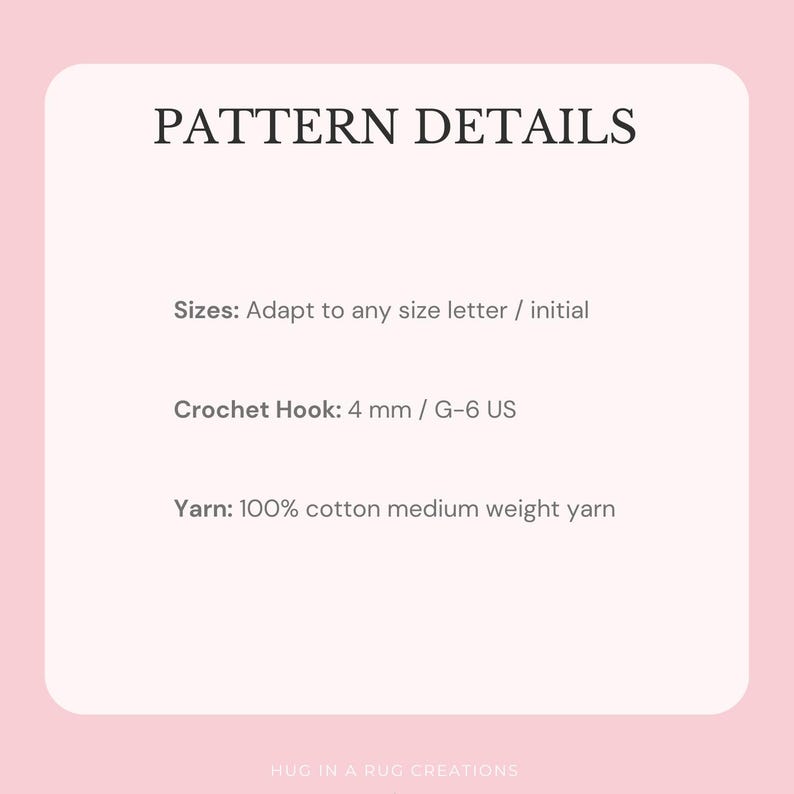 Puede incluir: Gr&aacute;fico rosa y blanco con el texto "PATTERN DETAILS". El texto incluye informaci&oacute;n sobre tallas, tama&ntilde;o del ganchillo (4 mm / G-6 US) y tipo de hilo (100% algod&oacute;n de peso medio).