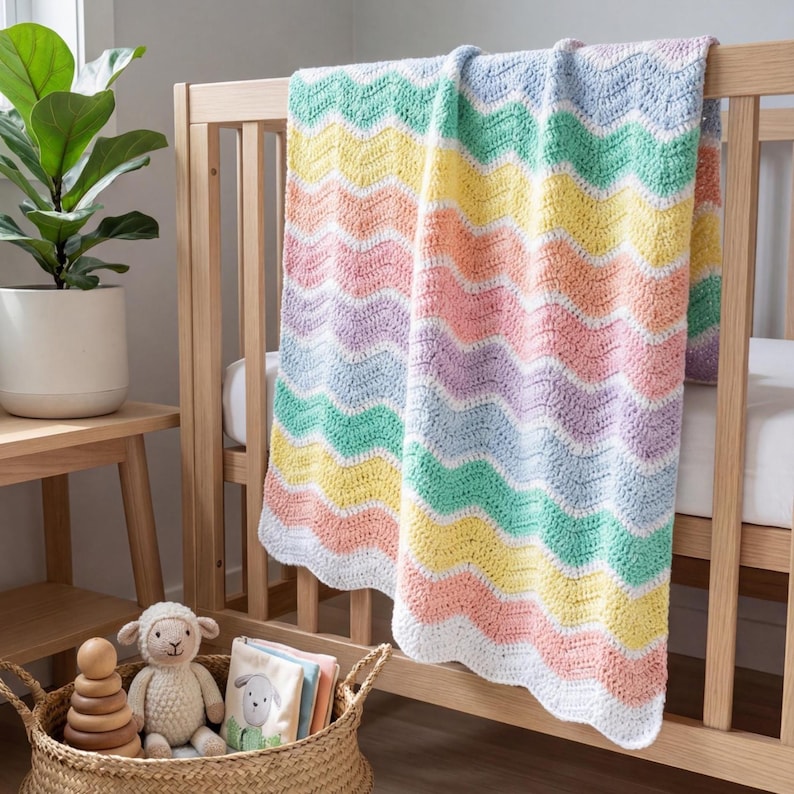 K&ouml;nnte beinhalten: Eine pastellfarbene H&auml;keldecke mit Wellenmuster, &uuml;ber ein Holzbettchen drapiert. Die Decke hat Streifen in Gelb, Rosa, Gr&uuml;n und Lila mit einem wei&szlig;en, gewellten Rand. Unter dem Bettchen befindet sich ein Weidenkorb mit Spielzeug.
