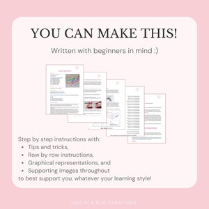 K&ouml;nnte beinhalten: Ein rosa Hintergrund mit dem Text "YOU CAN MAKE THIS!" und "Written with beginners in mind :)". Das Bild zeigt mehrere Seiten mit Anweisungen mit Schritt-f&uuml;r-Schritt-Anleitungen, Tipps, Tricks und grafischen Darstellungen.