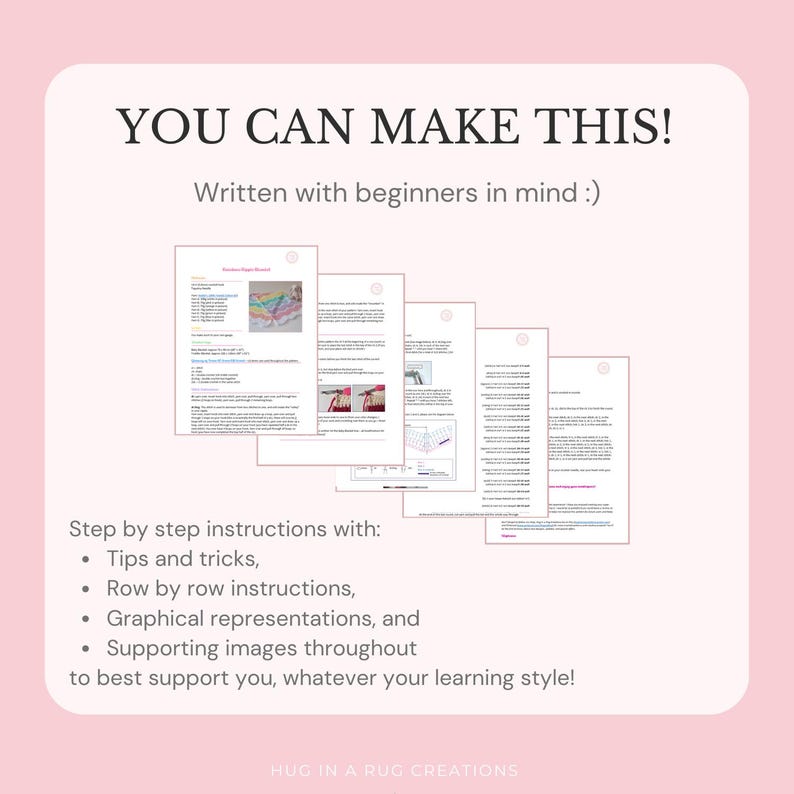 K&ouml;nnte beinhalten: Ein rosa Hintergrund mit dem Text "YOU CAN MAKE THIS!" und "Written with beginners in mind :)". Das Bild zeigt mehrere Seiten mit Anweisungen mit Schritt-f&uuml;r-Schritt-Anleitungen, Tipps, Tricks und grafischen Darstellungen.