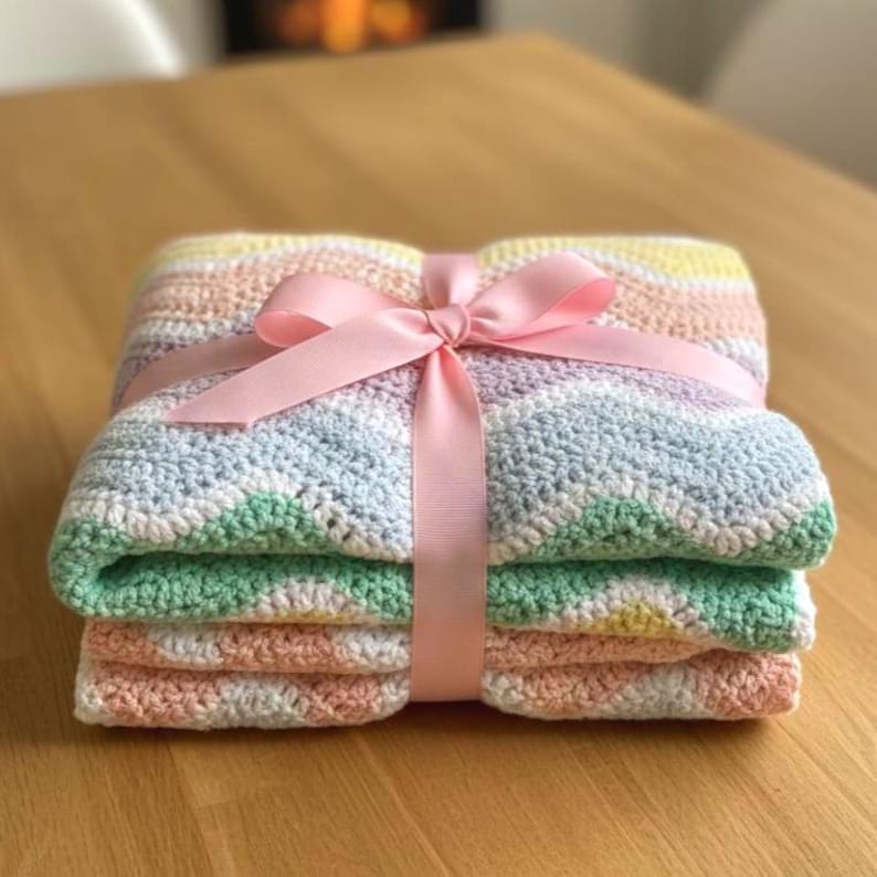 K&ouml;nnte beinhalten: Eine gefaltete, pastellfarbene H&auml;keldecke, die mit einem rosa Band zusammengebunden ist. Die Decke hat Streifen in Wei&szlig;, Gr&uuml;n, Gelb, Rosa und Blau. Die Decke ist ordentlich auf einer Holzoberfl&auml;che gestapelt.